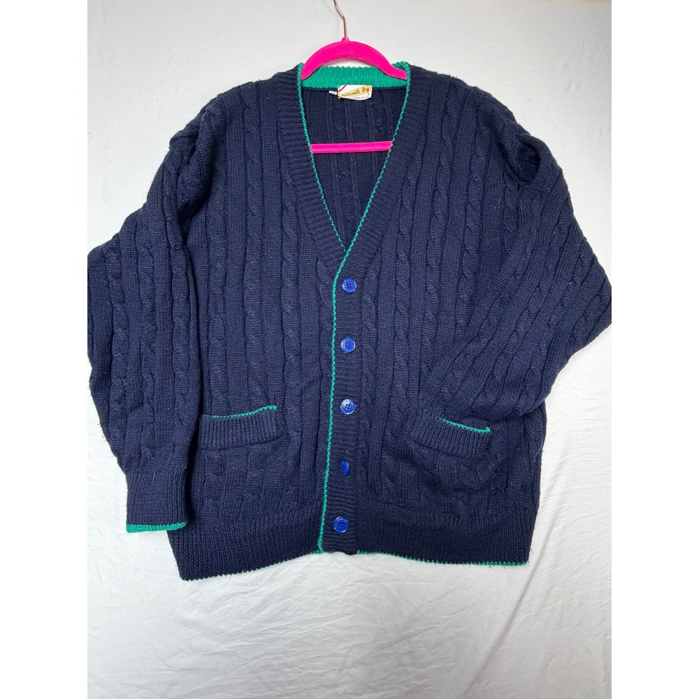 Vintage Marconetti Navy Blue Cable Knit Cardigan Green Trim Made in Italy 48